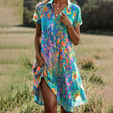 Vestido de mujer - Corte holgado - Cuello en V - Manga corta - Estampado floral - Bajo asimétrico
