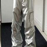 Pantalones cargo de cintura alta con dobladillos plateados