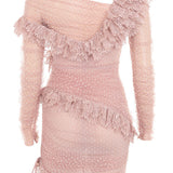 Vestido mini para mujer – Hombros descubiertos – Encaje con volantes – Mangas largas de tul