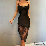 Elegante y estiloso vestido midi para noche, con finos tirantes de encaje y espalda abierta con banda, estilo discoteca.