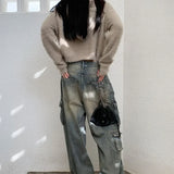 Pantalones cargo de mezclilla con parches y bolsillos estilo streetwear