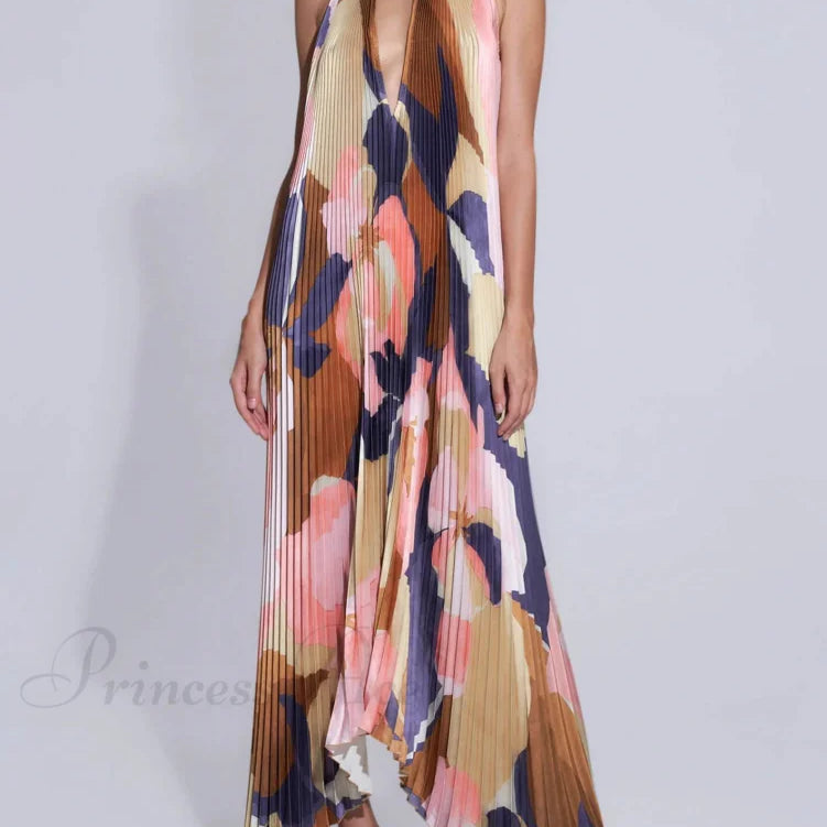 Elegante vestido midi plisado con cuello halter y tirantes abiertos en la espalda, encantador y elegante.