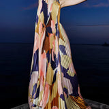 Elegante vestido midi plisado con cuello halter y tirantes abiertos en la espalda, encantador y elegante.