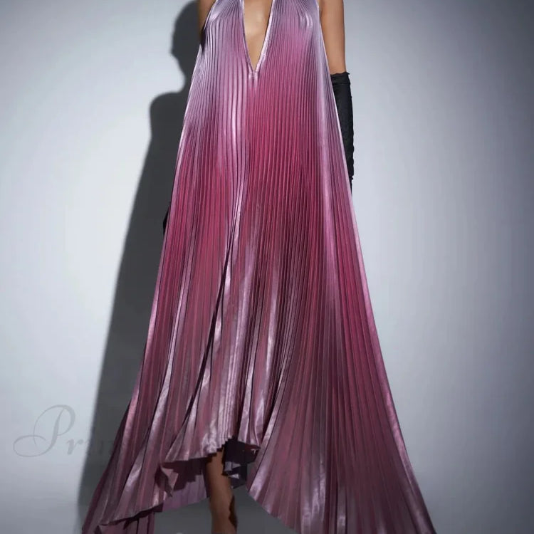 Elegante vestido midi plisado con cuello halter y tirantes abiertos en la espalda, encantador y elegante.