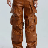 Pantalones cargo de verano de pierna ancha en piel sintética de PU