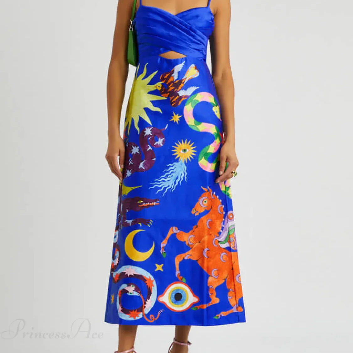 Vestido midi sexy de verano en satén con diseño sin espalda, detalles estampados y sin mangas.