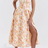 Encantador vestido midi de patchwork estampado con tirantes con cordones