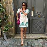 Vestido corto para mujer - Bordado floral - Mangas abullonadas - Corte casual ajustado