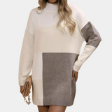 Vestido de punto para mujer - Tejido - Corte holgado - Cuello alto - Diseño patchwork