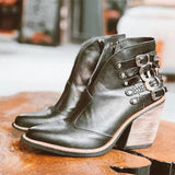Botines de mujer - Tacón de bloque cómodo - Piel lisa y texturizada - Hebillas y tachuelas de moda