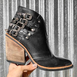 Botines de mujer - Tacón de bloque cómodo - Piel lisa y texturizada - Hebillas y tachuelas de moda