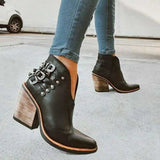 Botines de mujer - Tacón de bloque cómodo - Piel lisa y texturizada - Hebillas y tachuelas de moda