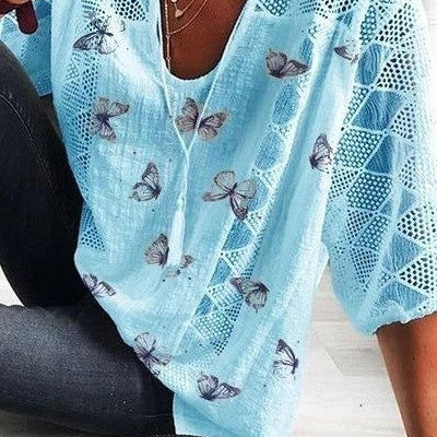 Blusa de mujer – Corte holgado – Tejido transpirable – Mangas 3/4 de encaje – Estampado de mariposas