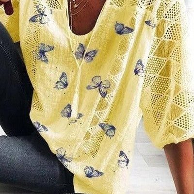 Blusa de mujer – Corte holgado – Tejido transpirable – Mangas 3/4 de encaje – Estampado de mariposas