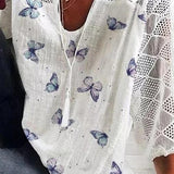Blusa de mujer – Corte holgado – Tejido transpirable – Mangas 3/4 de encaje – Estampado de mariposas