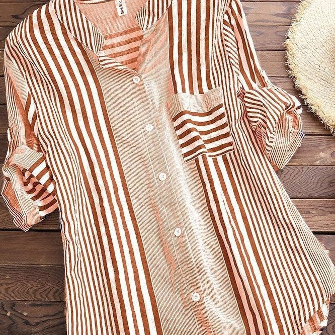Blusa de mujer – Corte relajado – Rayas – Cuello alto – Mangas 3/4 – Tejido transpirable