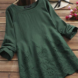 Blusa de mujer – Corte relajado – Mangas largas enrolladas – Bordada a mano