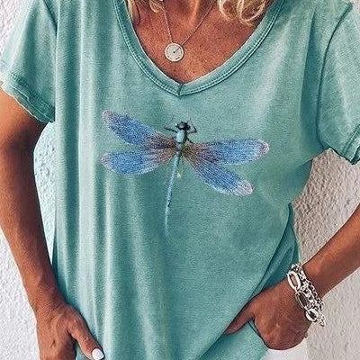 Camiseta de mujer con cuello en V – Corte holgado – Manga corta – Estampado de libélula