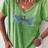 Camiseta de mujer con cuello en V – Corte holgado – Manga corta – Estampado de libélula