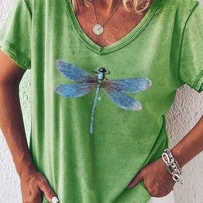 Camiseta de mujer con cuello en V – Corte holgado – Manga corta – Estampado de libélula