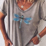 Camiseta de mujer con cuello en V – Corte holgado – Manga corta – Estampado de libélula