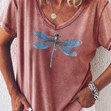 Camiseta de mujer con cuello en V – Corte holgado – Manga corta – Estampado de libélula