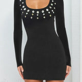 Vestido mini ajustado con cuello redondo y mangas largas