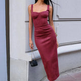 Vestido largo sexy con tirantes de ante y escote en U