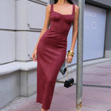 Vestido largo sexy con tirantes de ante y escote en U
