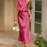 Vestidos midi sin mangas con cuello alto únicos y encantadores para damas de honor.