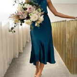 Vestidos midi sin mangas con cuello alto únicos y encantadores para damas de honor.