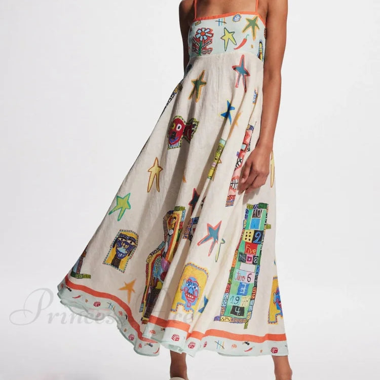 Vestido midi largo y elegante con tirantes y un estampado de grafiti único.