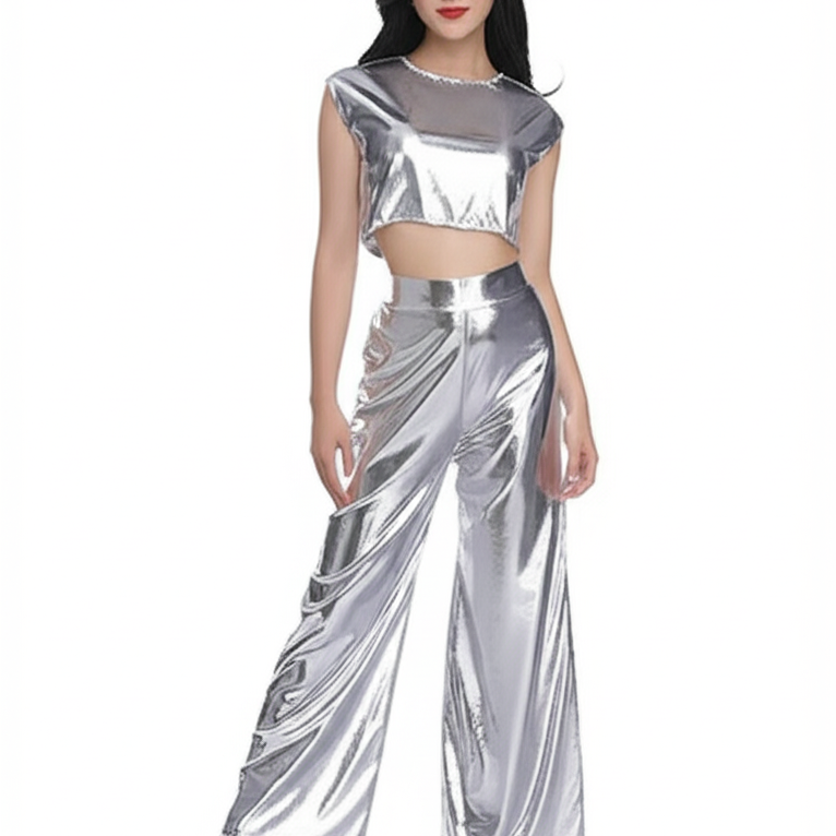 Conjunto de top corto metalizado y pantalón ancho para mujer