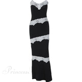 Vestido de tirantes de encaje con patchwork y cuello en V