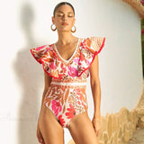 Conjunto de dos piezas con falda de escote en pico y estampado retro