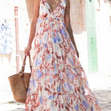 Vestido midi informal y holgado para vacaciones, con estampado floral tie-dye de moda, escote en pico y cintura ajustada.