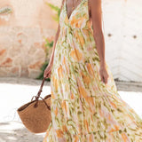 Vestido midi informal y holgado para vacaciones, con estampado floral tie-dye de moda, escote en pico y cintura ajustada.