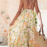 Vestido midi informal y holgado para vacaciones, con estampado floral tie-dye de moda, escote en pico y cintura ajustada.