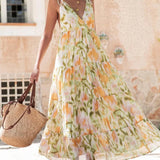 Vestido midi informal y holgado para vacaciones, con estampado floral tie-dye de moda, escote en pico y cintura ajustada.
