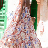 Vestido midi informal y holgado para vacaciones, con estampado floral tie-dye de moda, escote en pico y cintura ajustada.