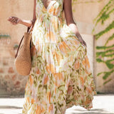 Vestido midi informal y holgado para vacaciones, con estampado floral tie-dye de moda, escote en pico y cintura ajustada.