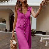Kim - Vestido de verano cómodo con cierre de botones y bolsillos delanteros.