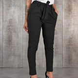 Pantalones de mujer - Tejido elástico - Cintura alta - Corte ajustado - Cinturón para atar