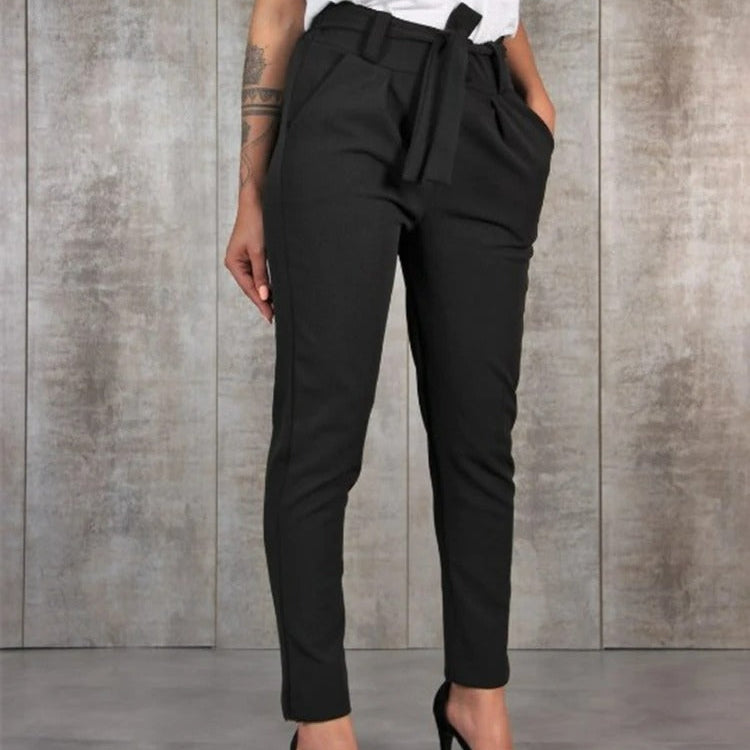 Pantalones de mujer - Tejido elástico - Cintura alta - Corte ajustado - Cinturón para atar
