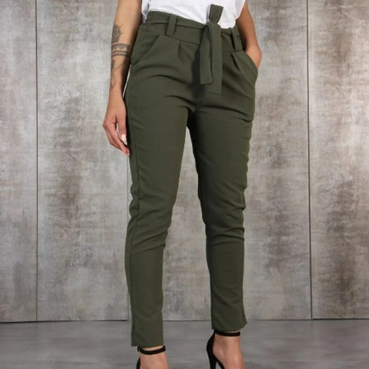 Pantalones de mujer - Tejido elástico - Cintura alta - Corte ajustado - Cinturón para atar