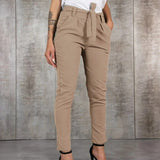 Pantalones de mujer - Tejido elástico - Cintura alta - Corte ajustado - Cinturón para atar