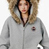 Sudadera vintage con cremallera y cuello polar con orejas de oso