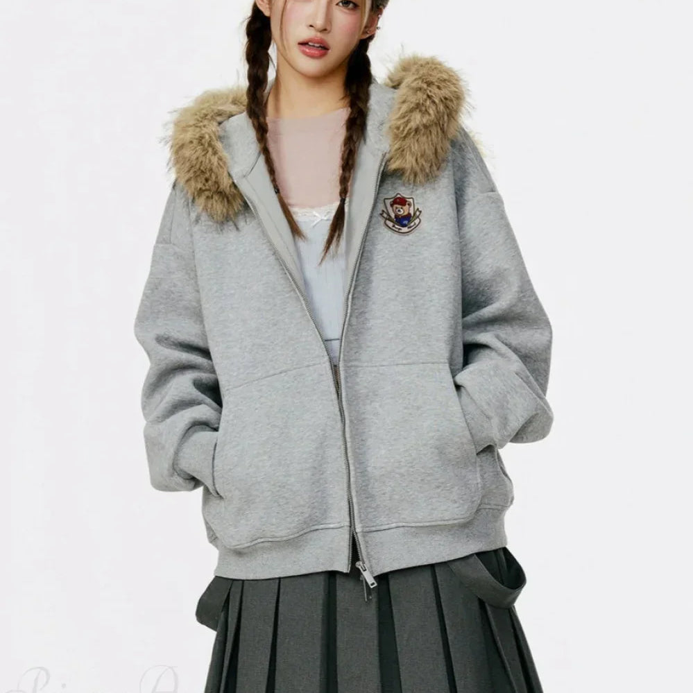 Sudadera vintage con cremallera y cuello polar con orejas de oso