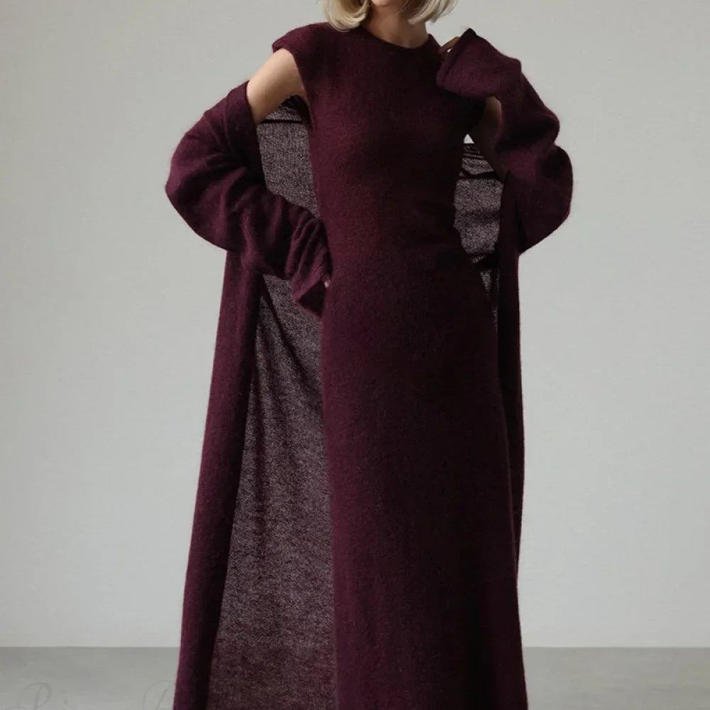 Conjunto vintage de dos piezas: cárdigan de punto y vestido sin mangas