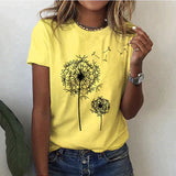 Camiseta de mujer - Cuello redondo - Manga corta - Corte holgado - Estampado gráfico de diente de león